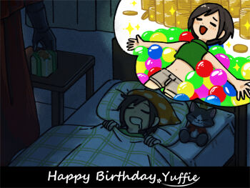 1boy 1girl bandana bare_arms black_border black_hair blush border box cait_sith_(final_fantasy) cape character_doll commentary_request doll drooling final_fantasy final_fantasy_vii gift gift_box gold green_shirt grey_shorts happy_birthday lying materia midriff mouth_drool on_back open_mouth orange_bandana original outstretched_arms polka_dot_bandana red_cape s_m_man shirt short_hair shorts smile under_covers vincent_valentine yuffie_kisaragi