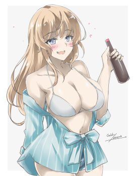 1girl alternate_costume aqua_shirt artist_name blonde_hair blush_stickers bottle breasts cleavage collarbone commentary_request cowboy_shot dated gakky grey_background hair_down highres holding holding_bottle kantai_collection large_breasts long_hair one-hour_drawing_challenge partially_open_shirt ranger_(kancolle) shirt smile solo striped_clothes striped_shirt