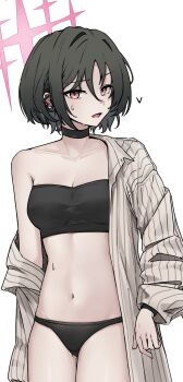 1girl absurdres bikini bikini_under_clothes black_bikini black_choker black_hair blue_archive breasts choker ear_piercing guwall halo highres medium_breasts misaki_(blue_archive) misaki_(swimsuit)_(blue_archive) official_alternate_costume piercing red_eyes red_halo shirt short_hair solo striped_clothes striped_shirt swimsuit vertical-striped_clothes vertical-striped_shirt