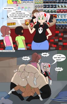 1girl 2futa age_difference anal anus ass black_thighhighs brown_hair dark-skinned_female dark_skin double_penetration english_text fff_threesome_with_futa_(temporary) freckles futa_with_female futanari glasses green_eyes group_sex highres huge_ass huge_penis huge_testicles interracial loli medium_hair multicolored_hair multiple_futa original penis ponytail pussy rolling_eyes sex sex_from_behind size_difference smile speech_bubble testicles thighhighs threesome tongue tongue_out touhoufan twintails vaginal veins veiny_penis