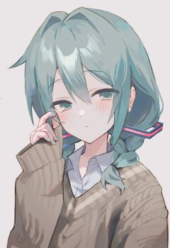 1girl alternate_hairstyle aqua_eyes aqua_hair aqua_nails braid brown_sweater ec7vhub89321 hair_between_eyes hashtag-only_commentary hatsune_miku highres long_hair looking_at_viewer nail_polish shirt sidelocks simple_background sleeves_past_wrists solo sweater twin_braids upper_body vocaloid white_background white_shirt