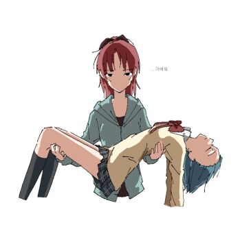 2girls black_bow black_eyes black_shirt black_thighhighs blue_hair bow carrying carrying_person closed_mouth commentary_request corpse dress dress_bow green_hoodie hair_bow hood hoodie korean_commentary kyosaya_00 looking_at_viewer mahou_shoujo_madoka_magica miki_sayaka mitakihara_school_uniform multiple_girls no_mouth red_bow red_hair sakura_kyoko school_uniform shirt short_hair thighhighs yellow_dress