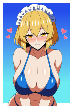 1girl absurdres alternate_breast_size_(larger) bikini blonde_hair blue_background blue_bikini blush border breasts cleavage commentary_request cowboy_shot double-parted_bangs hair_between_eyes heart highres large_breasts leaning_forward looking_at_viewer loving_aura maid_headdress mugetsu_(touhou) navel outside_border parted_lips short_hair smile solo ssaf_seibeupail swimsuit touhou white_border yellow_eyes
