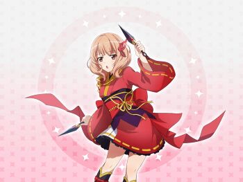 1girl butterfly_hair_ornament dual_wielding game_cg hair_ornament hairpin holding holding_kunai holding_weapon japanese_clothes kimono kunai long_sleeves looking_at_viewer medium_hair official_art open_mouth orange_hair red_eyes red_kimono shoujo_kageki_revue_starlight shoujo_kageki_revue_starlight_-re_live- solo standing tanaka_yuyuko upper_body weapon wide_sleeves