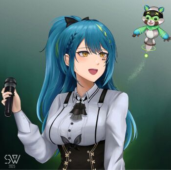 1girl 2025 absurdres aotsuki_remia ascot black_ascot black_nails blouse blue_hair bow breasts character_request commentary dated english_commentary facial_mark gradient_background green_hair grey_background hair_bow highres holding holding_microphone large_breasts long_hair long_sleeves looking_to_the_side microphone multicolored_hair open_mouth ponytail puffy_long_sleeves puffy_sleeves shirt shon_(seanwave) signature simple_background skirt smile solo streaked_hair suspenders upper_body virtual_youtuber vspo! white_shirt yellow_eyes