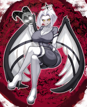 1girl absurdres angel angel_wings animification asymmetrical_eyes black_halo breasts colored_skin crossed_legs elbow_gloves gloves glowing glowing_eyes glowing_halo grey_hair grey_wings halo hazbin_hotel hellaverse highres horned_mask horns large_breasts looking_at_viewer lute_(hazbin_hotel) mask nez-box short_hair smile solo thighhighs two-tone_wings white_hair white_skin wings yellow_eyes