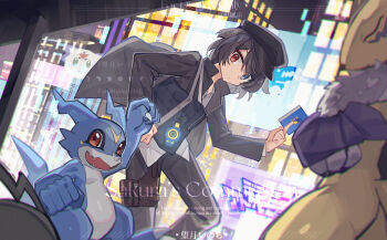 Rule 34 | 1boy, :d, absurdres, black hair, black hat, black jacket, black pants, blue eyes, card, closed mouth, digimon, digimon (creature), feet out of frame, hat, heterochromia, highres, holding, holding card, jacket, long sleeves, male focus, mochizuki inochi, open mouth, pants, red eyes, renamon, short hair, smile, standing, v-mon, watermark