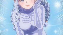 1girl 2024 20s animated anime_screenshot ass belly blue_eyes blue_hair bone breasts drill_hair elf elf-san_wa_yaserarenai. ghost honeda_(elf-san_wa_yaserarenai.) leaning_forward long_hair looking_at_viewer medium_breasts midriff nude plump pointy_ears skeleton solo sound tagme thick_thighs thighs undead video