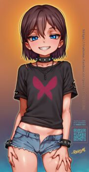 1girl birch_small black_shirt blue_eyes blue_shorts blush bracelet breasts cameltoe chain chain_necklace choker cleft_of_venus commentary denim denim_shorts english_commentary highres jewelry loli looking_at_viewer mesugaki my_life_me necklace open_fly print_shirt rahime shirt short_hair short_shorts short_sleeves shorts small_breasts smile solo spiked_bracelet spiked_choker spikes teeth torn_clothes