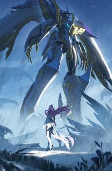 Rule 34 | 1girl, absurdres, aemeath (wuthering waves), asteroid ill, boots, commentary, exostrider (wuthering waves), hashtag-only commentary, high heel boots, high heels, highres, long hair, mecha, outdoors, pink hair, ponytail, robot, snow, solo, thigh boots, white boots, wind, wuthering waves