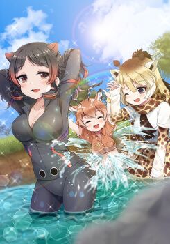 3girls animal_ears animal_print arms_behind_head arms_up artist_request belt black_bodysuit black_hair blonde_hair blue_sky blush bodysuit bow breast_pocket breasts brown_eyes brown_hair brown_necktie brown_scarf brown_shirt cleavage closed_eyes cloud collarbone collared_shirt day extra_ears giraffe_ears giraffe_horns giraffe_print hair_bow happy hippopotamus_(kemono_friends) hippopotamus_ears horns impala_(kemono_friends) kemono_friends kemono_friends_3 kemono_friends_3:_planet_tours layered_sleeves lens_flare long_hair long_sleeves multiple_girls necktie official_art one_eye_closed outdoors pleated_skirt pocket print_scarf print_skirt rainbow red_hair reticulated_giraffe_(kemono_friends) scarf shirt short_over_long_sleeves short_sleeves skirt sky splashing sun tree twintails wading watermark white_bow yellow_scarf