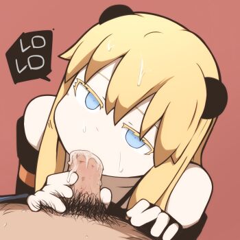 Rule 34 | 1girl, animal ears, bare shoulders, blonde hair, blue eyes, blush, breasts, brown background, cheek bulge, colored eyelashes, fellatio, head tilt, hen zemi, hetero, long hair, makiko gregory, male pubic hair, nns (sobchan), oral, panda ears, penis, pubic hair, saliva, simple background, solo focus, uncensored