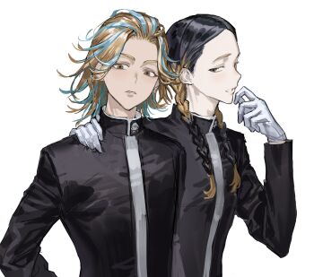 2boys absurdres black_jacket braid brown_eyes chamuring commentary_request gloves haitani_ran haitani_rindou hand_on_another&#039;s_shoulder highres jacket korean_commentary long_sleeves looking_at_viewer male_focus multicolored_hair multiple_boys parted_lips short_hair simple_background streaked_hair tokyo_revengers twin_braids upper_body white_background white_gloves