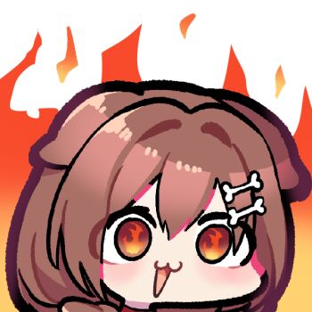 1girl :3 animal_ears bone_hair_ornament brown_eyes brown_hair chibi commission commissioner_upload dog_ears dog_girl emoji fire gliesse82_5 hair_between_eyes hair_ornament hololive inugami_korone meme open_mouth solo this_is_fine_(meme) virtual_youtuber