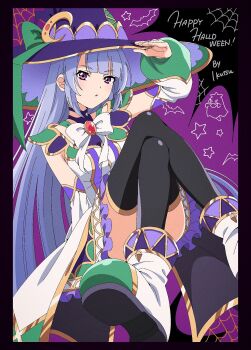 1girl arm_at_side arm_up artist_name bat_(animal) black_background black_border black_choker black_thighhighs blunt_bangs blush boots border bow bowtie breasts brooch choker commentary_request convenient_leg crescent crescent_hat_ornament crossed_legs detached_sleeves dress foot_out_of_frame frilled_dress frills green_boots green_bow grey_hair halloween hand_on_own_head happy_halloween hat hat_bow hat_ornament highres ikutsu invisible_chair jewelry long_hair long_sleeves looking_at_viewer medium_breasts multicolored_boots official_alternate_costume parted_lips puffy_detached_sleeves puffy_sleeves purple_background purple_eyes purple_hat shoe_soles shoujo_kageki_revue_starlight shoujo_kageki_revue_starlight_-re_live- sitting sleeveless sleeveless_dress solo spider_web_background star_(symbol) thighhighs two-tone_background two-tone_boots very_long_hair waist_cape white_border white_bow white_bowtie white_dress witch_hat yukishiro_akira