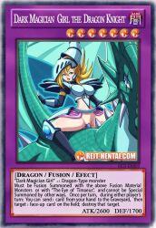 Rule 34 | 1girl, armor, assisted masturbation, blonde hair, dark magician girl, dark magician girl the dragon knight, dragon, duel monster, female masturbation, fusion, knight, masturbation, object insertion, pussy, size difference, the eye of timaeus, tongue, tongue out, trading card, yu-gi-oh!, yu-gi-oh! duel monsters