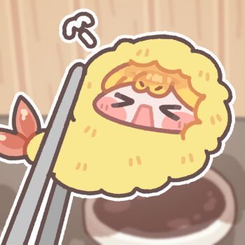 1girl blonde_hair blush_stickers chibi chibi_only chopsticks closed_eyes commentary_request double-parted_bangs food korean_commentary monyami open_mouth outline puff_of_air short_hair shrimp shrimp_tempura solo tempura trickcal white_outline youngchun_(trickcal)