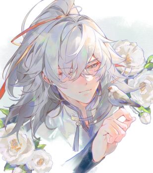 1boy alicevseliet artist_name bird bird_on_hand closed_mouth collared_shirt commentary cropped_shoulders flower grey_eyes hair_between_eyes hair_ribbon hashtag-only_commentary high_ponytail highres honkai:_star_rail honkai_(series) jing_yuan light_smile long_hair looking_at_animal male_focus mole mole_under_eye ponytail red_ribbon ribbon shirt simple_background solo white_background white_flower white_hair white_shirt