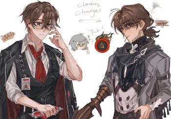 Rule 34 | 1girl, 1other, 2boys, adjusting eyewear, arrow (symbol), arthropod limbs, beard stubble, belt, black belt, black coat, black scarf, brown eyes, cane, character name, chinese commentary, cigarette, closed mouth, coat, coat on shoulders, collared shirt, commentary request, cosplay, costume switch, dante (limbus company), facial hair, glasses, gregor (project moon), gregor (project moon) (cosplay), grey coat, hand on own hip, highres, holding, holding cane, honkai: star rail, honkai (series), id card, lcb uniform (project moon), limbus company, long sleeves, look-alike, low ponytail, male focus, mouth hold, multicolored hair, multiple boys, mustache stubble, necktie, open clothes, open coat, ponytail, project moon, prosthesis, prosthetic arm, red necktie, scarf, shirt, short hair, shuoxue, simple background, sleeves rolled up, squiggle, stelle (honkai: star rail), streaked hair, stubble, thumbs up, trailblazer (honkai: star rail), upper body, welt yang, welt yang (cosplay), white background, white shirt, white streaks, wing collar