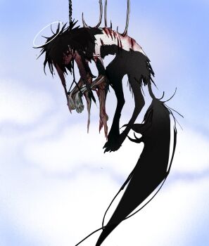 animal_feet black_fur black_hair black_tail blood blue_sky cloud flesh guro halo highres hook injury kamikiririp no_humans original skeletal_arm sky solo white_fur