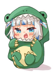 Rule 34 | 1girl, blue eyes, blue hair, blunt bangs, blush, chibi, chibi only, choppy bangs, commentary, dinosaur costume, gawr gura, grey hair, hair ornament, hololive, hololive english, kurushiro1102, looking at viewer, multicolored hair, official alternate costume, onesie, open mouth, shark hair ornament, sharp teeth, solo, streaked hair, teeth, two side up, upper teeth only, virtual youtuber