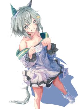 1girl animal_ears bare_shoulders blue_eyes blush breasts choker collarbone commentary_request dress ear_covers flower green_sailor_collar grey_hair hair_between_eyes hair_flower hair_ornament hairclip horse_ears horse_girl horse_tail long_sleeves looking_at_viewer open_mouth sailor_collar seiun_sky_(reeling_in_the_big_one)_(umamusume) seiun_sky_(umamusume) shoes short_hair simple_background single_ear_cover small_breasts solo sunflower sunflower_hair_ornament tail teeth umamusume white_background white_dress yanagi_wakana