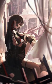 1girl arm_cutout black_hair black_serafuku black_shirt black_skirt blurry blurry_foreground chisa_(wuthering_waves) clothing_cutout commentary cryne english_commentary hair_ribbon high_up highres long_hair long_sleeves making-of_available red_eyes red_ribbon ribbon school_uniform serafuku shirt sitting skirt solo tacet_mark_(wuthering_waves) thigh_strap twitter_username wuthering_waves