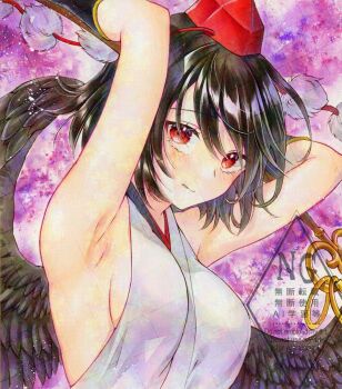 1girl alternate_costume alto2019 arm_guards armpits arms_up bare_shoulders black_hair blush breasts commentary_request hat highres looking_at_viewer medium_breasts medium_hair parted_lips pom_pom_(clothes) purple_background red_eyes sample_watermark shameimaru_aya shirt sideboob sleeveless sleeveless_shirt solo tokin_hat touhou traditional_media watermark white_shirt