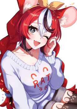 1girl absurdres adjusting_hair animal_ear_fluff animal_ear_legwear animal_ears black_hair black_thighhighs blue_eyes bow braid breasts bright_pupils clothes_writing collarbone commentary_request confetti double-parted_bangs english_text fang hair_between_eyes hairband hakos_baelz hand_on_own_face highres hololive hololive_english key mizuse_hazuki7 mouse_ears multicolored_hair one_eye_closed open_mouth red_hair shorts sitting smile strawberry_baelz sweater thighhighs thighs twin_braids virtual_youtuber white_hair white_sweater yellow_bow yellow_hairband zettai_ryouiki
