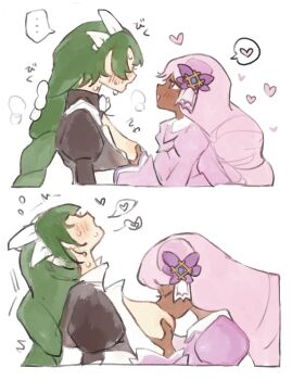 ... 2girls apron black_romper blush bow braid braided_ponytail breast_lift breast_sucking breasts breasts_out breath chamopichamo closed_eyes dark-skinned_female dark_skin dress fascinator grabbing_another&#039;s_breast green_hair groping hair_bow heart highres jacinthe_(pokemon) juliet_sleeves long_braid long_hair long_sleeves low_drills maid maid_apron maid_headdress master_and_servant multiple_girls nintendo no_gloves open_mouth pokemon pokemon_legends:_z-a puffy_sleeves purple_dress purple_eyes purple_hair romper single_braid spoken_ellipsis spoken_heart sweat u_u very_dark_skin very_long_hair yuri