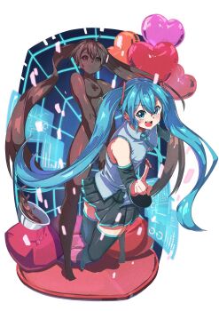 1girl aqua_necktie balloon black_sleeves blue_eyes blue_hair blue_skirt blush bowl breasts chocolate_making chocolate_on_hand chocolate_statue closed_mouth commentary_request detached_sleeves diagram food_on_hand full_body grey_skirt grid_background hair_between_eyes hair_ribbon hatsune_miku heart_balloon highres long_hair looking_at_viewer medium_breasts miniskirt mixing_bowl multiple_views necktie nude onabe915 open_mouth pillow pleated_skirt reaching reaching_towards_viewer red_ribbon ribbon sculpture shirt simple_background skirt sleeveless sleeveless_shirt smile standing thighhighs twintails very_long_hair vocaloid white_background zettai_ryouiki