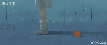 1girl absurdres aged_down ankle_boots blue_background boots copyright_name copyright_notice dress food footwear_focus from_side fruit grass highres krusier logo lower_body official_art orange_(fruit) reverse:1999 shards solo vertin_(reverse:1999) watermark weibo_watermark white_boots white_dress