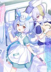 Rule 34 | 2girls, :d, absurdres, apron, bed, blue dress, blue hair, clipboard, closed mouth, collared dress, commentary request, dress, feathered wings, genshin impact, gloves, hair between eyes, hand up, hat, highres, holding, holding syringe, intravenous drip, iv stand, long hair, looking at viewer, low twintails, low wings, multiple girls, nurse, nurse cap, nyori, ofuda, on bed, open mouth, puffy short sleeves, puffy sleeves, purple eyes, purple hair, qiqi (genshin impact), red eyes, short sleeves, sigewinne (genshin impact), smile, syringe, twintails, very long hair, white apron, white gloves, white hat, white wings, wings