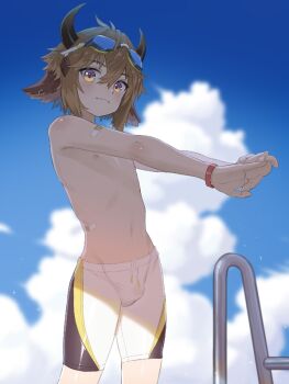1boy animal_ears arknights bandaid bison_(arknights) blue_sky brown_eyes brown_hair bulge cloud cow_ears cow_horns cracking_knuckles day from_below goggles goggles_on_head hair_between_eyes horns jammers looking_at_viewer luye_yuan male_focus male_swimwear navel nipples outdoors poolside shade shadow shota sky solo swimsuit topless_male white_male_swimwear