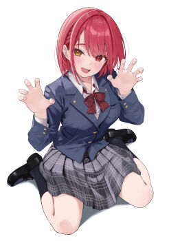 1girl :d alternate_costume anno_masato black_shoes black_socks blazer blue_jacket bow bowtie braid claw_pose collared_shirt commentary_request grey_skirt heterochromia highres hololive houshou_marine jacket loafers long_sleeves loose_bowtie open_mouth plaid_clothes plaid_skirt pleated_skirt red_bow red_bowtie red_eyes red_hair school_uniform sharp_teeth shirt shoes short_hair side_braid simple_background sitting skirt smile socks solo teeth upper_teeth_only virtual_youtuber wariza white_background white_shirt yellow_eyes