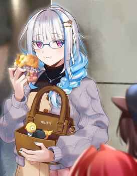 3girls ange_katrina animal bag bird black_sweater blue-framed_eyewear blue_hair blue_nails blurry blurry_foreground braid brown_bag brown_dress cardigan clothed_animal commentary_request depth_of_field dress eating food food_on_face glasses grey_cardigan hair_ornament hair_over_shoulder hairpin hand_up highres holding holding_bag holding_food in_bag in_container inui_toko jewelry light_blush lize_helesta lize_helesta_(5th_costume) long_hair long_sidelocks looking_at_another looking_at_viewer monocle multicolored_hair multiple_girls multiple_hairpins nail_polish necklace nijisanji open_cardigan open_clothes out_of_frame purple_eyes sanbaka_(nijisanji) sidelocks single_braid solo_focus streaked_hair sweater sweater_under_dress taco th@nk turtleneck turtleneck_sweater two-tone_hair variant_set virtual_youtuber wavy_mouth white_hair yellow_bird