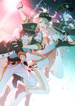 4boys amagi_hiiro ayase_mayoi blonde_hair blue_eyes blue_hair commentary_request confetti ensemble_stars! fingerless_gloves gloves green_eyes hat kazehaya_tatsumi leg_up looking_at_viewer multiple_boys open_mouth purple_hair red_hair rella shiratori_aira_(ensemble_stars!)