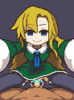 1boy 1girl animated animated_gif bar_censor blonde_hair blue_eyes breasts censored dress green_dress hetero ib_(kouri) looking_at_viewer lowres mary_(ib) medium_breasts osimder pantyhose penis pixel_art pov sex torn_clothes torn_pantyhose