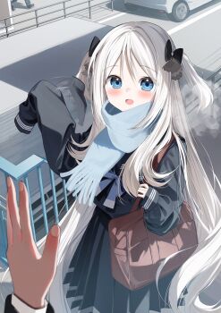 1girl bag black_bow black_shirt black_skirt blue_eyes blue_scarf blush bow car commentary_request fringe_trim hair_bow highres long_hair long_sleeves looking_at_viewer motor_vehicle original outdoors pentagon_(railgun_ky1206) pleated_skirt pov pov_hands puffy_long_sleeves puffy_sleeves sailor_collar scarf school_uniform serafuku shirt skirt sleeves_past_wrists smile solo_focus two_side_up very_long_hair