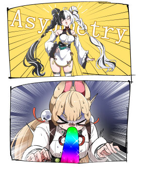 &gt;_&lt; 2girls absurdres ahoge alice_thymefield animal_ears bare_shoulders black_hair blonde_hair blue_background border braid braided_twintails caseee999 china_dress chinese_clothes commentary_request detached_sleeves dialyn_(zenless_zone_zero) double_bun dress earrings emphasis_lines english_text hair_bun hair_extensions hair_intakes hair_ornament hairclip hand_on_own_hip highres jewelry long_hair low_twintails multicolored_hair multiple_girls necktie open_mouth pelvic_curtain rabbit_ears rabbit_girl ring_hair_extensions shirt sick sphere_hair_ornament split-color_hair sweat thighhighs twintails vomiting_rainbows white_border white_dress white_hair white_shirt white_thighhighs wire yellow_background yellow_necktie zenless_zone_zero