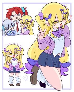 1boy 3boys :o absurdres atopi_(op_na_yarou) beads black_hair blonde_hair blue_bow blue_bowtie blue_cardigan blue_eyes blue_hair blue_scrunchie blue_skirt blush bow bowtie bracelet brown_shoes bulge cardigan cardigan_around_waist closed_mouth clothes_around_waist collared_shirt colored_tips commentary_request crossdressing crossdressing_(mtf) double-parted_bangs double_v earclip earrings eyepatch fang flipped_hair frown full_body grabbing_another&#039;s_arm hair_beads hair_between_eyes hair_bow hair_ornament hair_scrunchie hand_up hands_up heart highres jewelry kapela_(op_na_yarou) kneehighs kneeling legs_apart light_blush loafers long_hair long_sleeves looking_at_viewer male_focus midriff_peek miniskirt multicolored_hair multiple_boys multiple_hair_bows multiple_views narrowed_eyes navel necktie no_nose no_pupils off_shoulder one_eye_covered one_side_up op_na_yarou open_cardigan open_clothes open_mouth original parted_bangs partial_commentary pink_cardigan pleated_skirt purple_bow purple_bowtie purple_hair quad_tails raised_inner_eyebrows red_hair red_necktie rigel_(op_na_yarou) scrunchie shirt shoes short_sleeves sidelocks simple_background skin_fang skirt sleeves_past_fingers sleeves_past_wrists smug socks spiked_hair standing straight_hair stud_earrings t-shirt teeth thighs trap two-tone_hair two_side_up upper_body v v-shaped_eyebrows very_long_hair watermark white_background white_hair white_shirt white_socks yellow_eyes