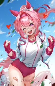 Rule 34 | 1girl, animal ears, bandaid, bandaid on face, bandaid on leg, blue sky, blush, bow, breasts, buruma, clenched hands, cloud, collarbone, commentary, ear bow, ear covers, english commentary, fingerless gloves, flower-shaped pupils, flower in eye, gloves, haru urara (bestest prize) (umamusume), haru urara (umamusume), headband, highres, horse ears, horse girl, horse tail, jacket, leaf, long hair, mistiousstar, open mouth, pink buruma, pink eyes, pink hair, pink headband, ponytail, red buruma, red gloves, red headband, scratches, shirt, sky, smile, solo, symbol-shaped pupils, symbol in eye, tail, teeth, umamusume, white jacket, white shirt