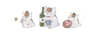Rule 34 | bottle, bug, butterfly, cat, chewing, closed eyes, commentary request, cup, disposable cup, disposable ice cream cup, donut, eating, facial mark, food, holding, holding utensil, ice cream, insect, leaf, leaf on head, motion lines, multicolored cat, multicolored fur, multiple views, natsume yuujinchou, nyanko-sensei, open mouth, sake bottle, simple background, triangle mouth, tuyuntm, white background