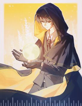 Rule 34 | 1boy, absurdres, black cloak, black gloves, black hair, black jacket, black necktie, black pants, black suit, border, brown eyes, cloak, closed mouth, collared shirt, formal clothes, gloves, glowing, highres, holding moon, hood, hood up, hooded cloak, jacket, klein moretti, long sleeves, looking at object, looking down, lord of the mysteries, male focus, moon, necktie, pants, shirt, short hair, smile, solo, suit, two-sided cloak, two-sided fabric, weidenglu698, white border, white shirt