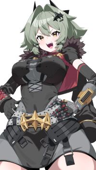 1girl :d absurdres belt black_dress black_gloves black_horns black_jacket black_sleeves blush breasts caesar_king_(zenless_zone_zero) commentary cropped_jacket cropped_shirt dress fur-trimmed_jacket fur_trim gloves green_hair grey_belt hair_between_eyes hair_intakes hair_ornament hands_on_own_hips highres horns jacket jacket_on_shoulders large_breasts looking_at_viewer mechanical_hands open_mouth red_shirt shirt short_hair single_mechanical_hand smile solo teeth thighs tosyeo upper_teeth_only white_background x_hair_ornament yellow_eyes zenless_zone_zero