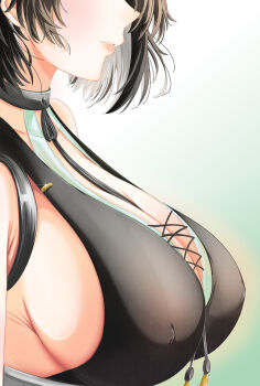 1girl absurdres ankur86096147 black_hair breasts cleavage colored_inner_hair commentary covered_erect_nipples cross-laced_clothes cross-laced_dress cross-laced_top earrings english_commentary eyes_out_of_frame female_rover_(wuthering_waves) from_side head_out_of_frame highres jewelry large_breasts multicolored_hair parted_lips rover_(wuthering_waves) sideboob simple_background solo tassel triangle_earrings white_background white_hair wuthering_waves