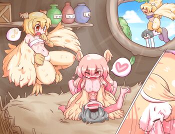 2boys 3girls ;d anus aoihitsuji black_hair blonde_hair blush breasts censored close-up cowgirl_position feathered_wings feathers femdom girl_on_top grey_hair harpy head_wings heart large_breasts long_hair medium_breasts midriff monster_girl multiple_boys multiple_girls musical_note navel nest nipples one_eye_closed open_mouth orange_eyes original penis pink_hair pointless_censoring pussy quaver rape red_eyes sex short_hair small_breasts smile spoken_heart spoken_musical_note straddling thick_eyebrows vaginal winged_arms wings wink yellow_eyes