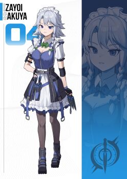 1girl absurdres alternate_costume arm_pouch belt belt_pouch black_boots black_gloves blue_eyes boots bow bowtie braid breasts brown_pantyhose character_name cleavage commentary english_commentary fingerless_gloves full_body gloves green_bow green_bowtie grey_hair hair_bow hand_on_own_hip highres icewind0223 izayoi_sakuya long_hair looking_at_viewer maid_headdress pantyhose pouch puffy_short_sleeves puffy_sleeves sheath sheathed short_sleeves touhou twin_braids zipper zoom_layer