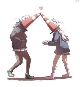 Rule 34 | 2girls, artist name, black jacket, black pantyhose, blue archive, commentary, halo, hands in pockets, heart, highres, jacket, kai xin, kazusa (blue archive), long hair, long sleeves, multiple girls, pantyhose, pink halo, pleated skirt, reisa (blue archive), simple background, skirt, socks, star halo, striped clothes, striped socks, traffic cone, traffic cone on head, untranslatable commentary, white background, white skirt