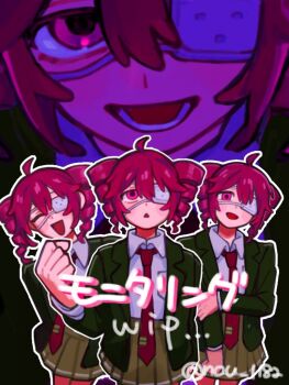 1girl ahoge alternate_costume black_jacket breast_pocket character_background closed_eyes collared_shirt cowboy_shot double-parted_bangs drill_hair eyepatch flat_chest hair_between_eyes jacket kasane_teto looking_at_viewer lower_teeth_only medical_eyepatch monitoring_(vocaloid) multiple_views necktie nou_1182 one_eye_covered open_clothes open_jacket pleated_skirt pocket red_eyes red_hair red_necktie school_uniform shirt skirt teeth tongue triangle_mouth twin_drills utau wing_collar yellow_skirt